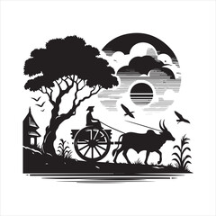 Fototapeta premium bullock cart wheel silhouette vector With White Background