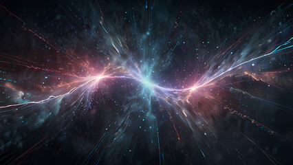 Fototapeta premium An ethereal abstract background illustrating the concept of ionization, with glowing negative and positive ions swirling in a misty atmosphere, connected by subtle lines of force