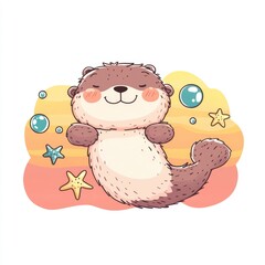 Fototapeta premium Cute Cartoon Otter with Bubbles and Sea Stars