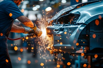 Modern car repair service expert welding on vehicle body after collision in bright workshop setting