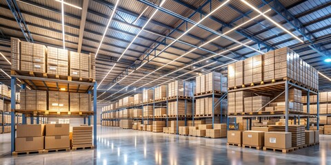 Warehouse Storage Interior Rows of Cardboard Boxes on Shelves, Wide Angle Perspective, 3D Render, Warehouse, Storage, Logistics, Inventory