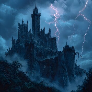 Cursed Castle Ruins with Glowing Ectoplasm and Tangled Vines at Dusk Amidst Thunderstorm