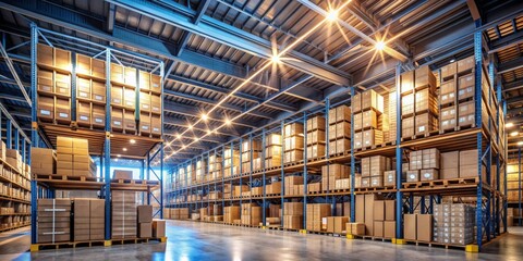 Warehouse Storage with Cardboard Boxes, Wide Shot, Industrial, Logistic, Shelf, Storage, Warehouse