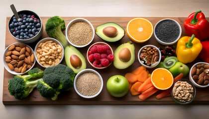 This beautiful assortment of fruits, vegetables, nuts, and seeds offers a rich variety of vitamins, minerals, and healthy fats, perfect for a balanced and nutritious meal.