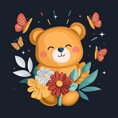 Cute Teddy Bear Surrounded by Flowers and Butterflies