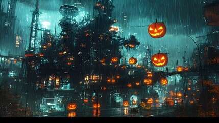 Fototapeta premium Haunting Cityscapes Neon Drenched Halloween Megastructures in Hyper Detailed Cinematic Splendor