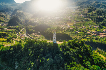 Sunny day with aerial view of Capelinha de Nossa Senhora de Fatima, Sao Vicente, Madeira Island,...