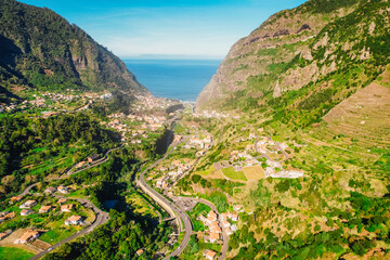 Sunny day with aerial view of Capelinha de Nossa Senhora de Fatima, Sao Vicente, Madeira Island, Portugal