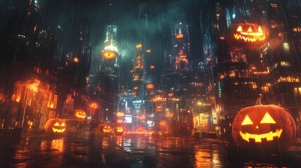 Obraz premium Dystopian City with Flickering Neon Jack o lanterns and Towering Megastructures on a Rainy Night