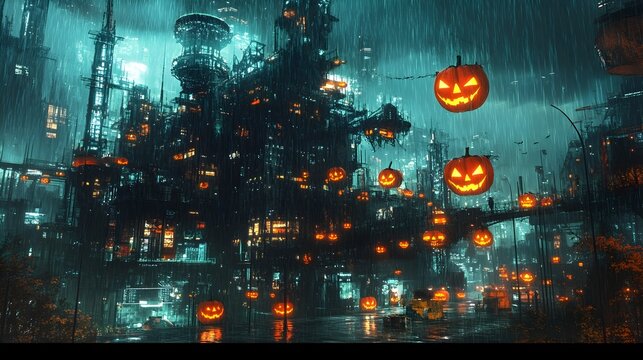 Haunting Cityscapes Neon Drenched Halloween Megastructures in Hyper Detailed Cinematic Splendor