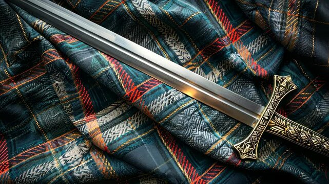 Exploring a beautifully crafted medieval sword resting on a textured plaid fabric background