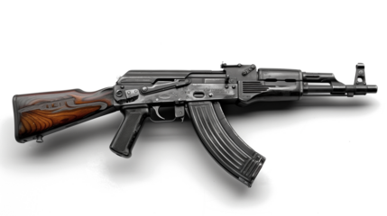 AK-47 assault rifle with wooden stock and handguard. Detailed view of iconic firearm. Symbol of revolutionary warfare and global conflict. Powerful automatic weapon