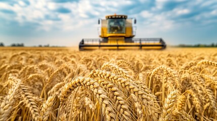 Fototapeta premium Wheat field bathed in sunlight with a combine harvester in the background