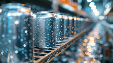 Rows of soda cans with condensation on a shelf in a store.
