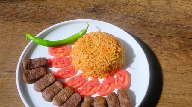 A balkan traditional meatball dish cevapi on wooden table in close-up