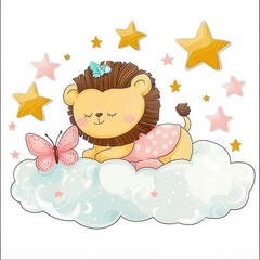 Cute Lion Sleeping on a Cloud with Stars and Butterfly