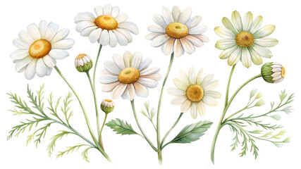Fototapeta premium Clipart set: white daisy flowers. The set is perfect for invitations, open, packaging design, branding and other creative projects.