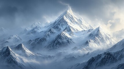 Obraz premium Majestic snow-capped mountain peaks rise above misty valleys, showcasing the beauty of nature's untouched landscapes.