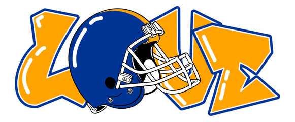 Love - Yellow and blue football player helmet, sport vector graphics, hockey, for street art - graffiti lettering typography - art illustration - multicolor - writen Word -		
