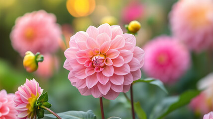 Fototapeta premium A close- up of rose dahlia flower against a blurred floral backdrop.