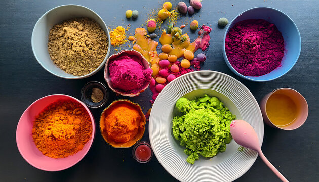 This image displays a vibrant assortment of colorful powders and ingredients, emphasizing the role of color and texture in enhancing the visual appeal and sensory experience of food preparation.