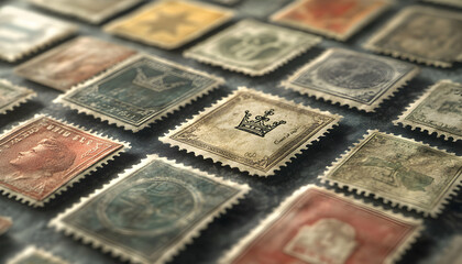 Naklejka premium A close-up shot of a collection of vintage postage stamps, focusing on a stamp with a crown design.