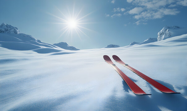 Pair of red skis resting on snowy mountaintop with bright sun and blue sky.