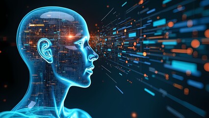 Cyberpunk Human Face Peeling Back to Reveal Neon Circuits, Tech Patterns