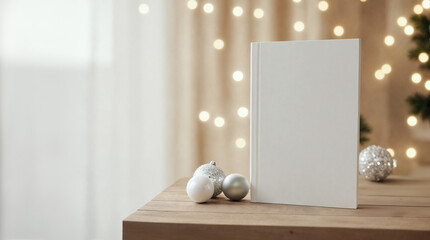 Portrait blank book cover template standing against background with Christmas tree. Winter holiday gift mockup holiday promotion. Front view of magazine mockup