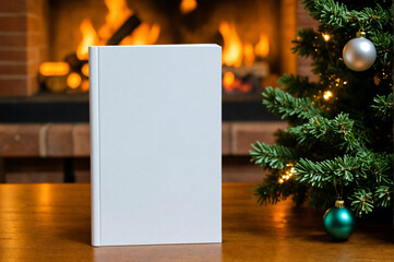 Portrait blank book cover template standing against background with Christmas tree. Winter holiday gift mockup holiday promotion. Front view of magazine mockup