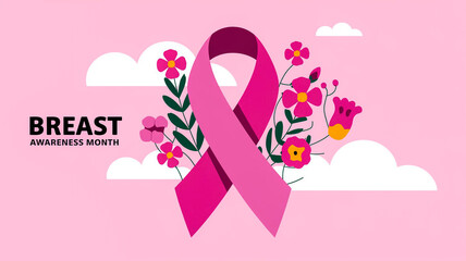 Fototapeta premium Breast cancer awareness month. Campaign Banner, Poster with pink ribbon and text in pink background.