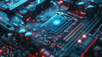 Fototapeta premium A hologram displays a secure connection established between two devices on a futuristic compute motherboard