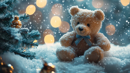 Cozy Christmas Scene with Teddy Bear by a Decorated Christmas Tree with Warm Lights and Snow, Capturing Holiday Spirit and Festive Atmosphere in Soft Evening Light