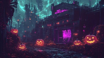 Fototapeta premium Eerie Haunted House with Holographic Apparitions and Iridescent Jack o Lanterns in Decaying Urban