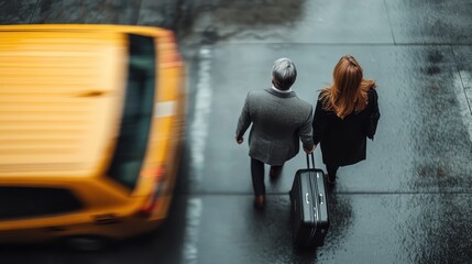 A man and a woman walk hand in hand while carrying a suitcase on a rainy street, with a yellow taxi...