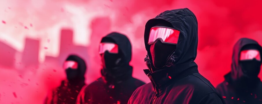 A group of hackers in cyberpunk costumes trick-or-treating in a dystopian city