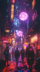 Obraz premium A group of hackers trick or treating in a neon lit dystopian city with towering skyscrapers and