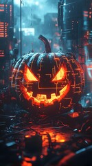 Glowing Jack o  Lantern in Dystopian Cityscape with Neon Wires and Circuits