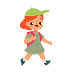 Girl Character with Backpack Hiking Do Sport Vector Illustration