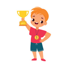 Boy Character Winner with Award Goblet Do Sport Vector Illustration