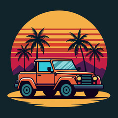 car with sunset and retro-style palm silhouette vector t shirt design	