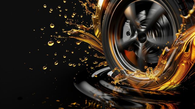 Bold promotional flyer showcasing a modern car wheel and disk on black background, complemented by engine oil splashes. Great for car tire advertisements with copy space.