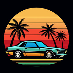 car with sunset and retro-style palm silhouette vector t shirt design	