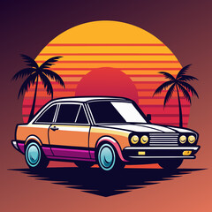car with sunset and retro-style palm silhouette vector t shirt design	