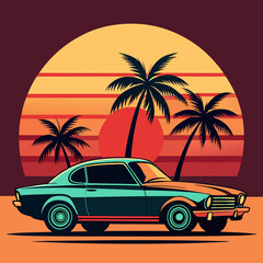 car with sunset and retro-style palm silhouette vector t shirt design	
