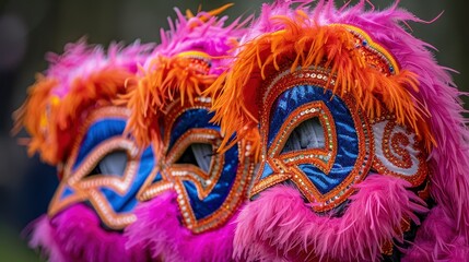 Colorful Chinese Lion Dance Masks with Feathers