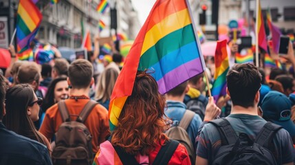 Naklejka premium Pride Parade Crowd With Rainbow Flags