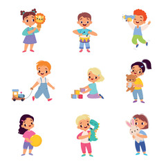 Kids Toys with Little Boy and Girl Playing Vector Set