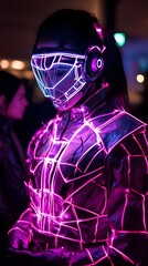 Halloween Party with Futuristic Exoskeletons and Glowing Cyborg Prosthetics