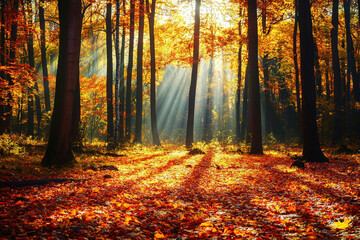 Obraz premium Sonnenstrahlen in Herbstwald